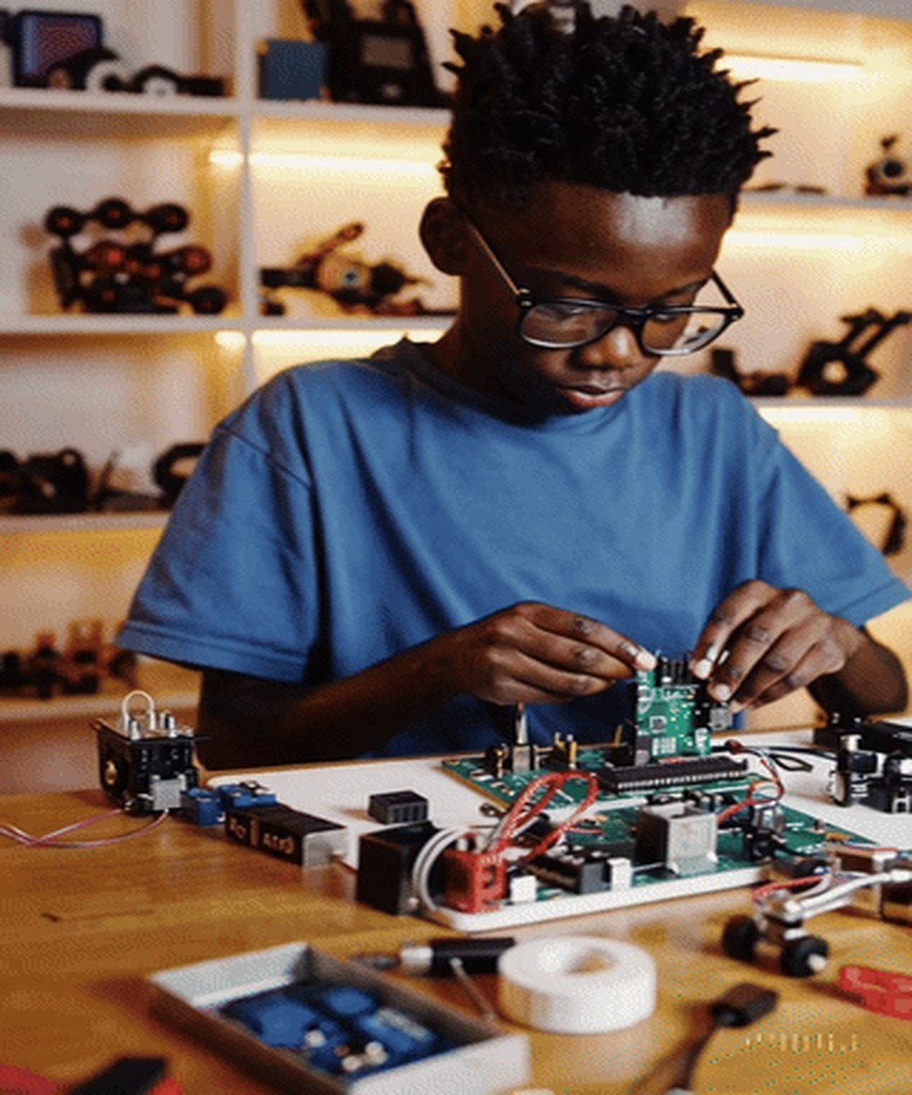 Young Man Building A Robot